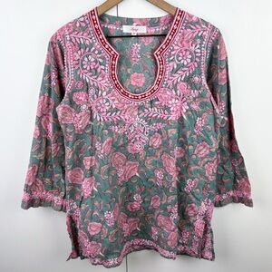 Amaya Embroidered Floral 100% Cotton Tunic Top Blouse Sage Green Pink 40 Medium